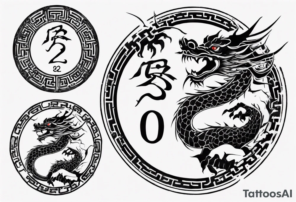 Chinese dragon in a circular shape with "02.03" written on its skin tattoo idea
