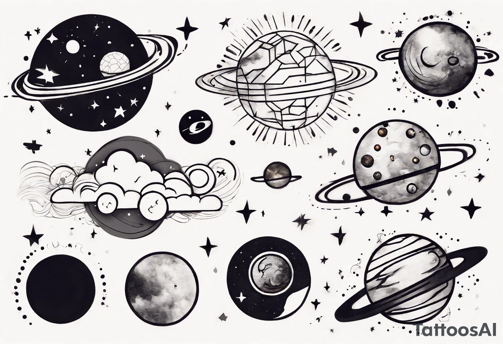 a cloud with planets and the date 12.08.05 tattoo idea