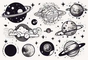 a cloud with planets and the date 12.08.05 tattoo idea
