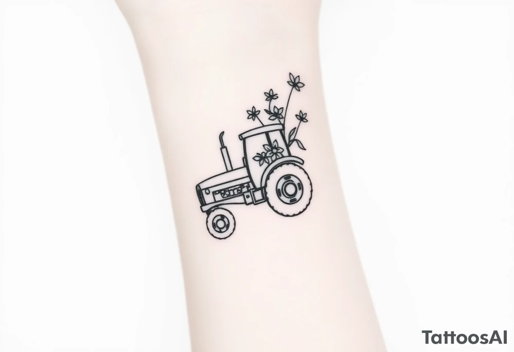 A feminine tractor with flowers tattoo idea