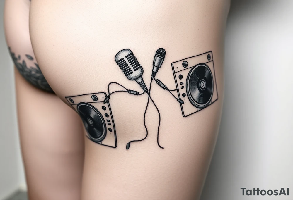 Microphone turntables and music notes on a woman's thigh tattoo idea