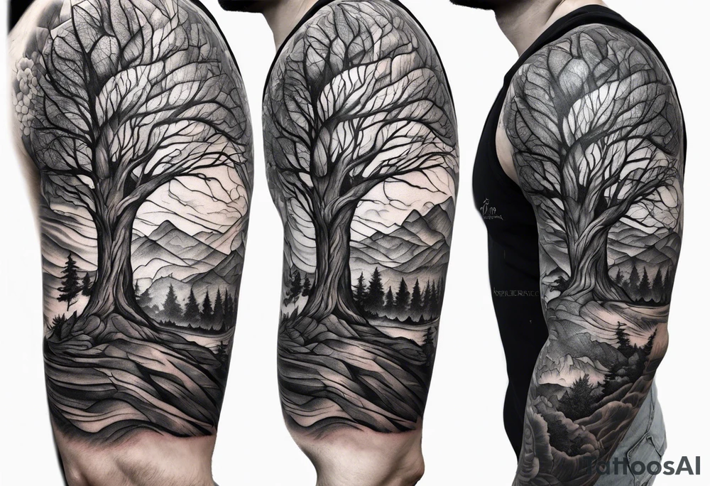 Half sleeve, tree bark growing through skin tattoo idea