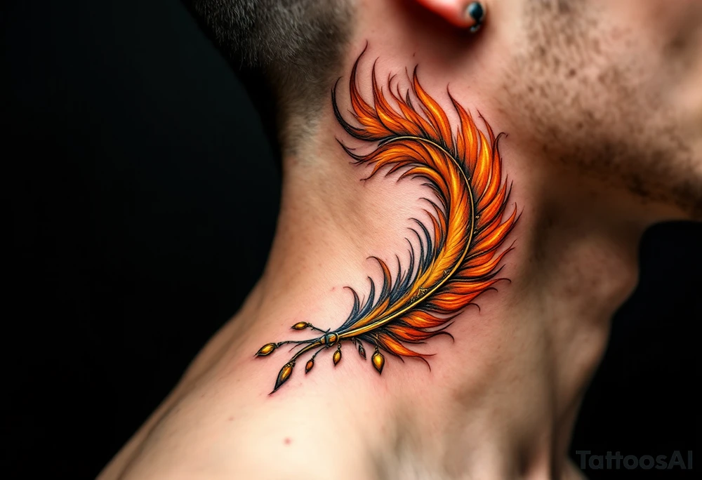 A burnt orange phoenix feather curling into a spiral with protective charms hanging from it. tattoo idea