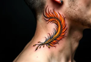 A burnt orange phoenix feather curling into a spiral with protective charms hanging from it. tattoo idea