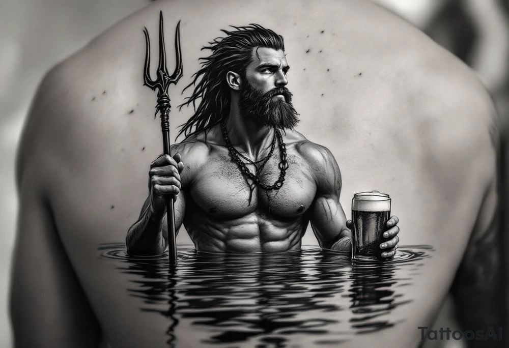 young, fit poseidon in calm water, holding a trident, holding a beer, looking at the sky tattoo idea