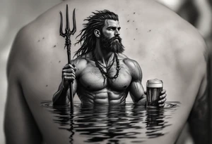 young, fit poseidon in calm water, holding a trident, holding a beer, looking at the sky tattoo idea
