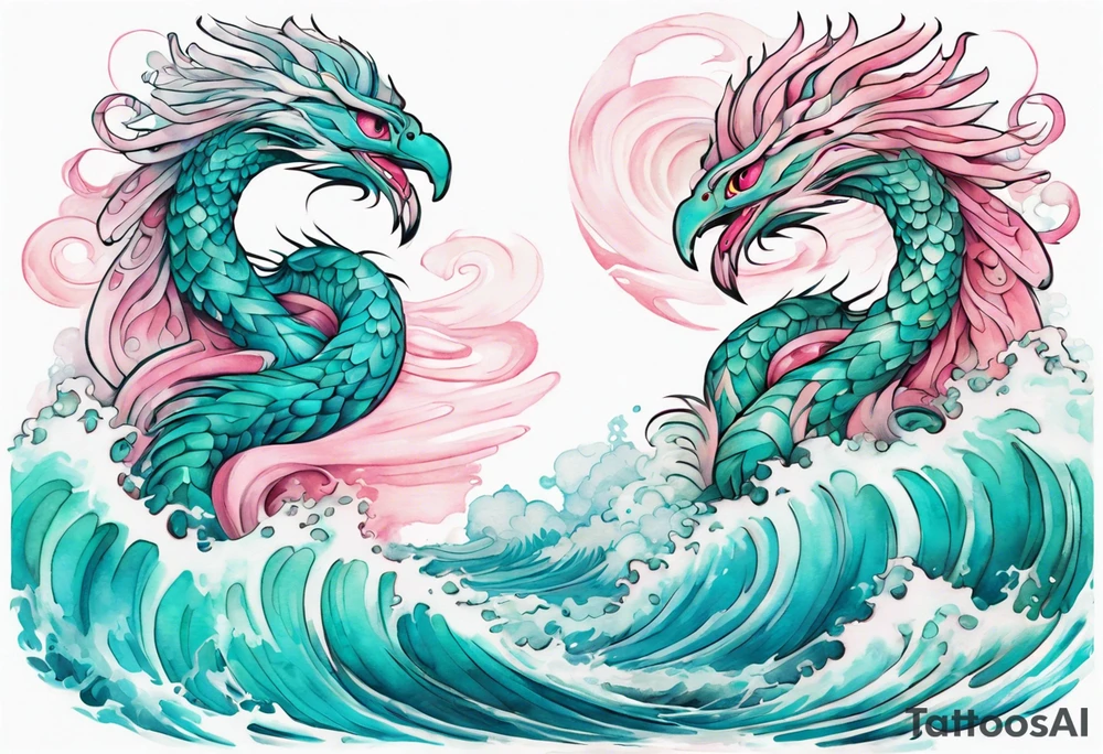 a beautiful turquoise pink and white sea Quetzalcoatl rising from the waves of the ocean with a feminine face tattoo idea