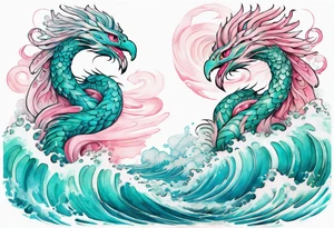 a beautiful turquoise pink and white sea Quetzalcoatl rising from the waves of the ocean with a feminine face tattoo idea
