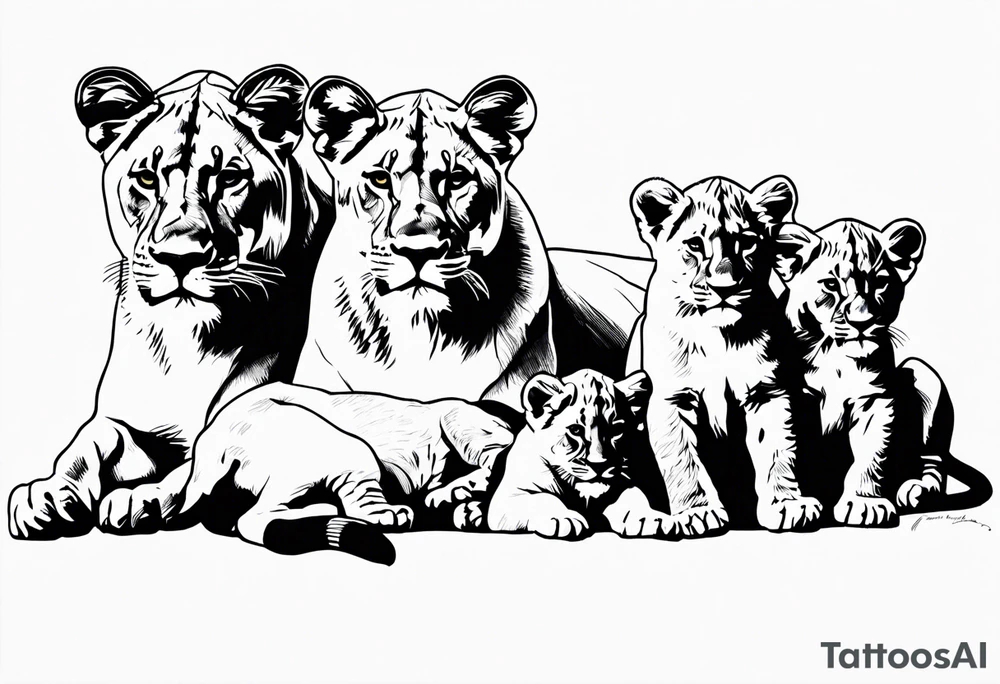 lioness sketch, with the face in a position of 3/4, with 6 cubs, black and white, lines and low amont of shadow tattoo idea