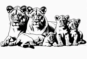 lioness sketch, with the face in a position of 3/4, with 6 cubs, black and white, lines and low amont of shadow tattoo idea