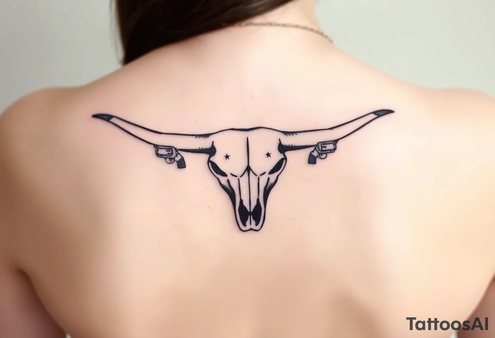 Longhorn skull with revolvers either side and Texas flag tattoo idea