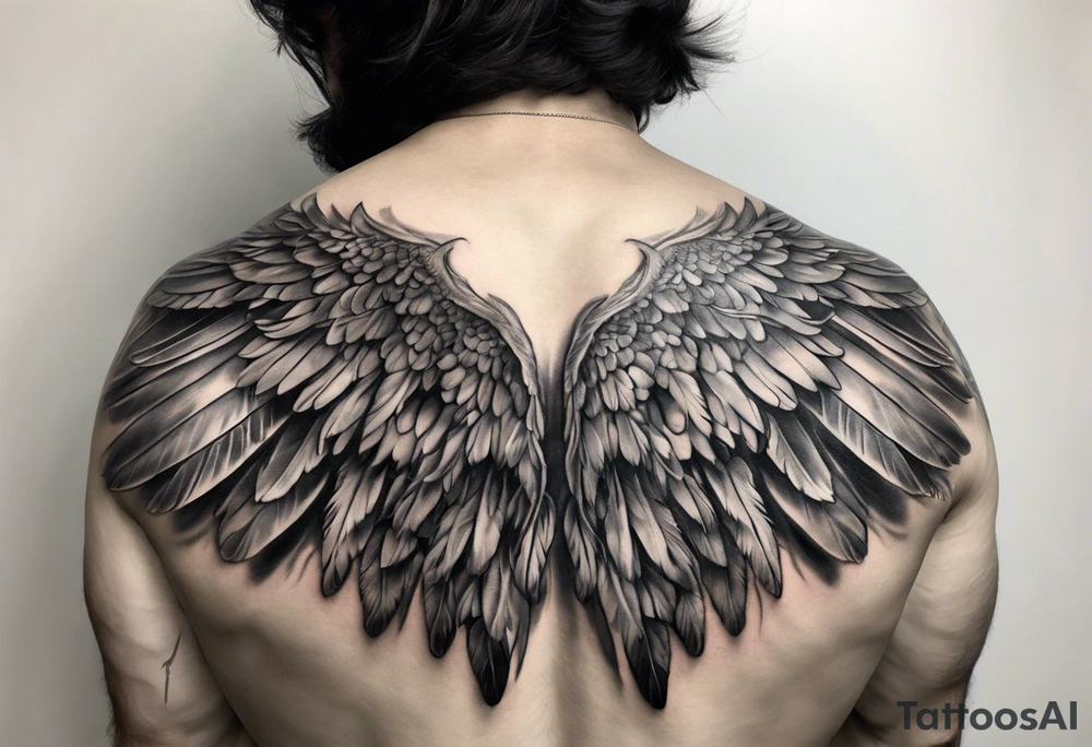 Realistic angel wings extending from a mens shoulders, covering the upper arms and upper back. The feathers are intricately detailed, with soft shading in black and gray to create depth and texture. The wings gently converge in the middle of the back, forming a harmonious and cohesive design. tattoo idea