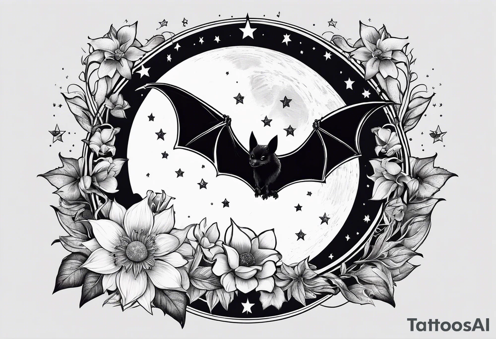 Fines flowers bat moon stars tattoo idea