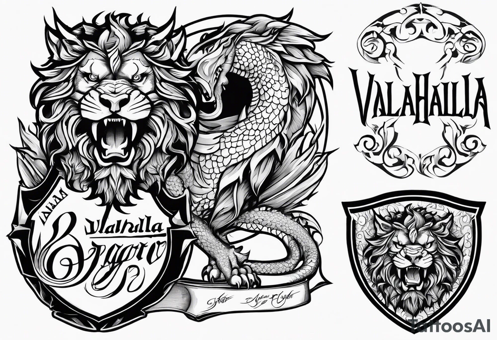 Valhalla sword shield dragon lion tattoo idea