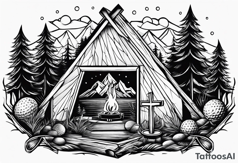 cross, campfire, golf , whiskey glass, cabin tattoo idea