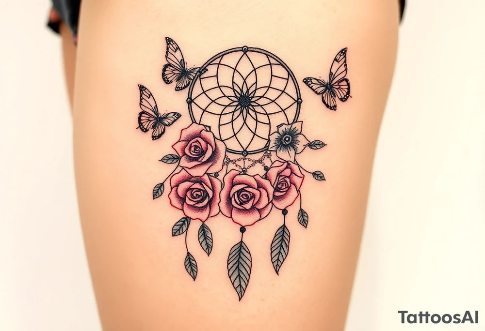 Dreamcatcher roses and butterflies tattoo idea