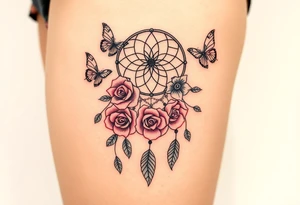 Dreamcatcher roses and butterflies tattoo idea