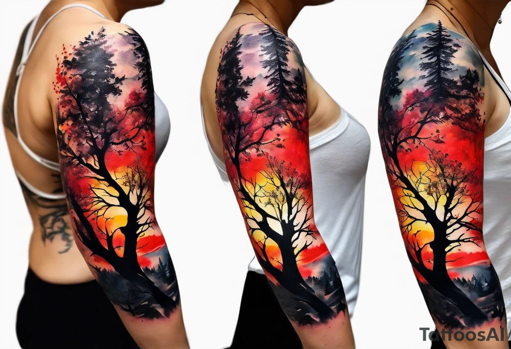 trash polka style. Arm tattoo. Long tattoo. Full sleeve. Shoulder. A single large maple tree with red autumn leaves that branches upwards from wrist to shoulder. White-throated dipper bird on the trees branches. Calluna flowers at the base of the trees stem. Tree stem has dark colors. Red/yellow sunset behind the trees stem. Leaves falling. tattoo idea