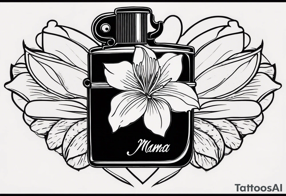 A tattoo of a vintage zippo lighter with a traditional heart engraved on the front.. inside the heart is quote "MAMA" a white gardenia is in front of the zippo and a string of pearls surrounds it.. the zippo is lit and the lid has quote "TRIED" ENGRAVED ON IT tattoo idea
