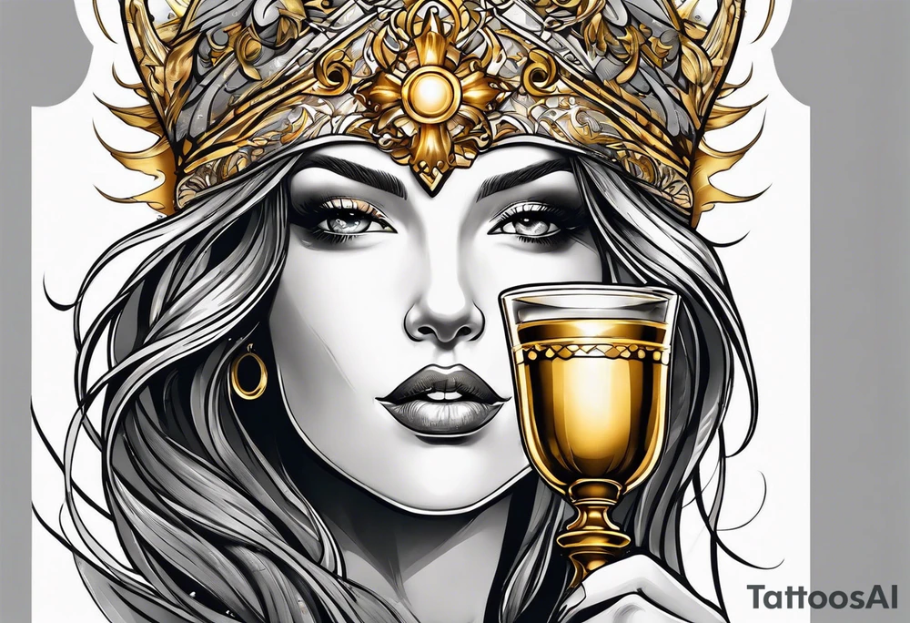 woman saint holding chalice surrounded by golden halo tattoo idea