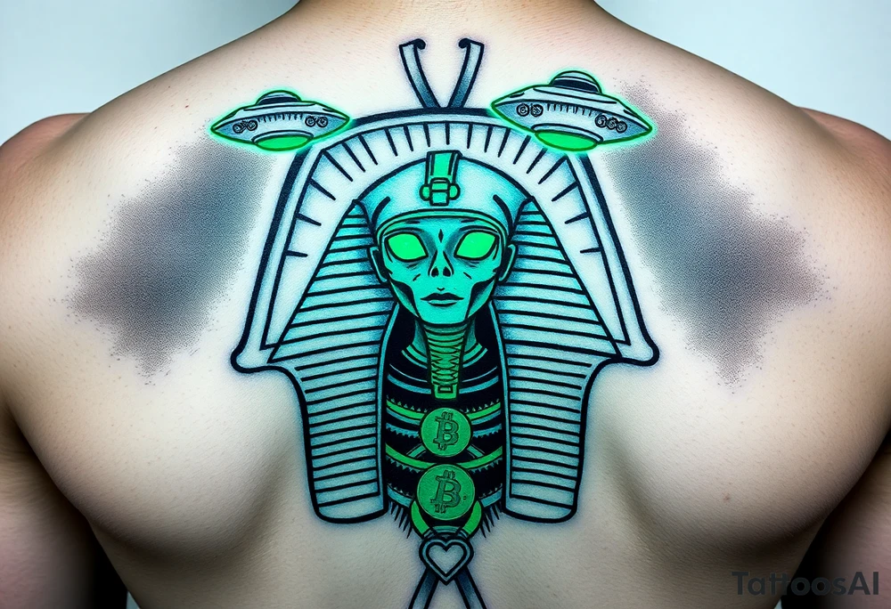 "Pharaoh's sarcophagus opening to reveal a grey alien. Instead of organs: glowing crypto wallets. Floating UFOs are shaped like Chevy Impalas (lowrider style).  

Style: Neo-traditional tattoo with glitch effects. Colors: turquoise/black/neon green." tattoo idea