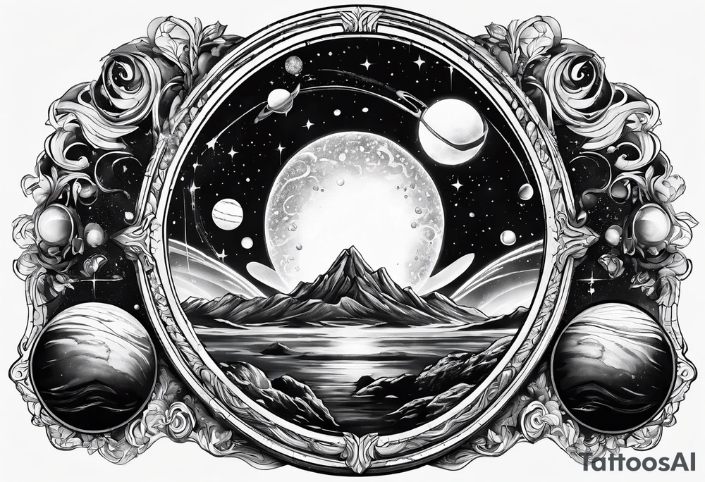 A tattoo featuring a cosmic scene with planets, black holes, and supernovae reflected in a mirror tattoo idea