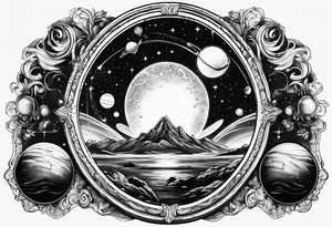 A tattoo featuring a cosmic scene with planets, black holes, and supernovae reflected in a mirror tattoo idea