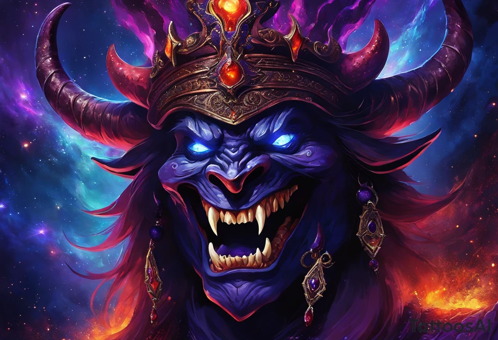 Dominant demonic figure, formidable face with royal king features, has a evil grin and a bit of open mouth with glimpse of devil fang teeth, similar to skull features, framed by deep-set glowing galaxy eyes, head has prominent purple deep blue flames (No horns). colour scheme is recognizable swirling galaxy-shaped textures with fiery peacock blue green turquoise colour highlights. orange highlights. 
Head will have visible prominent braids in koru maori style with 3-5 hawk feather ends. 

it will frontal totem figure and will sit on top of huge torii gate (Japanese) tattoo idea