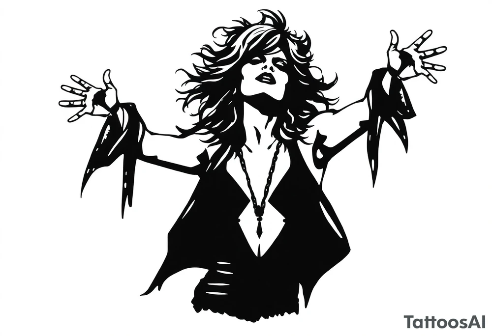 A silhouette stencil style drawing of Stevie nicks with her arms out as if she is spinning tattoo idea