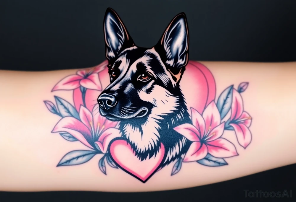 strong looking short haired german shepherd with alert ears surrounded by pink lilies with large leaves in front of a sacred heart tattoo idea
