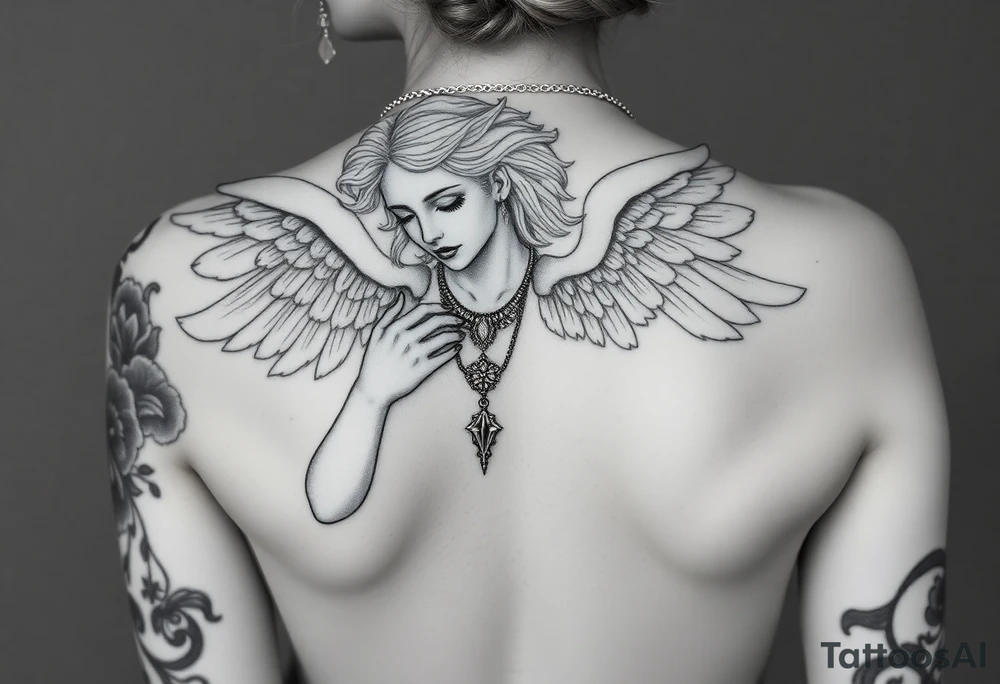 Create a statue of some angel, ruined with a corrupt criminal/thug style, tattoos, jewelry, gold necklaces. I would like this to be placed on the left arm. tattoo idea