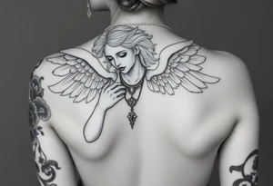 Create a statue of some angel, ruined with a corrupt criminal/thug style, tattoos, jewelry, gold necklaces. I would like this to be placed on the left arm. tattoo idea