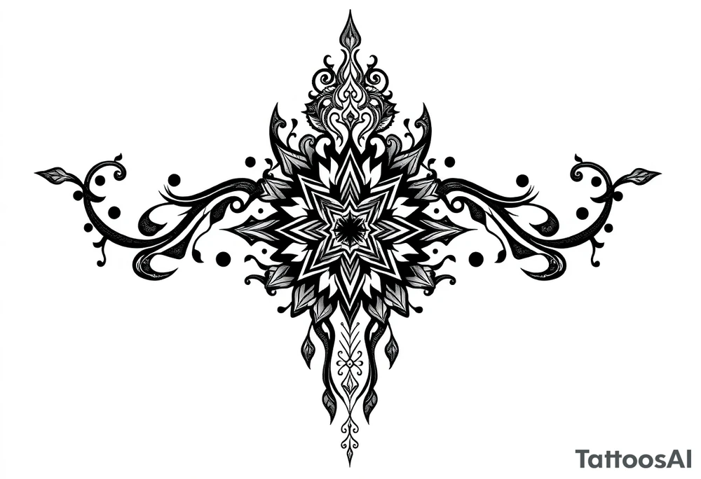 mystical dark and long ornament tattoo with shaman and witch style and ancient rhyme tattoo idea