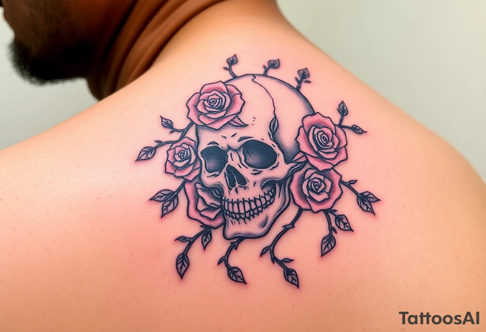gothic skull intertwined with climbing roses and thorny vines tattoo idea