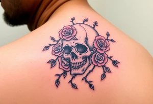 gothic skull intertwined with climbing roses and thorny vines tattoo idea
