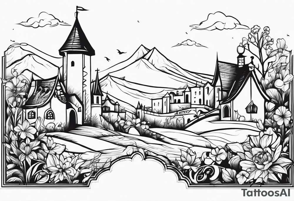 medieval tribal city 
floral  land  vignette tattoo idea