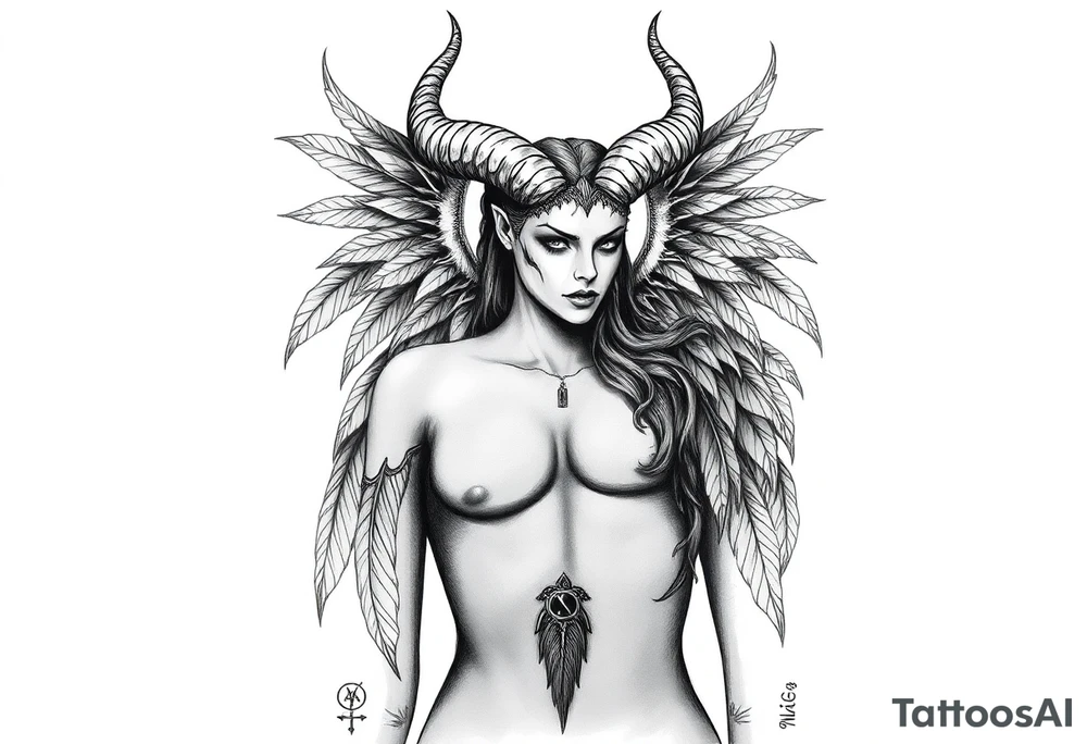 Menacing full body Woman Harpy with horns and lots of feathers tattoo idea
