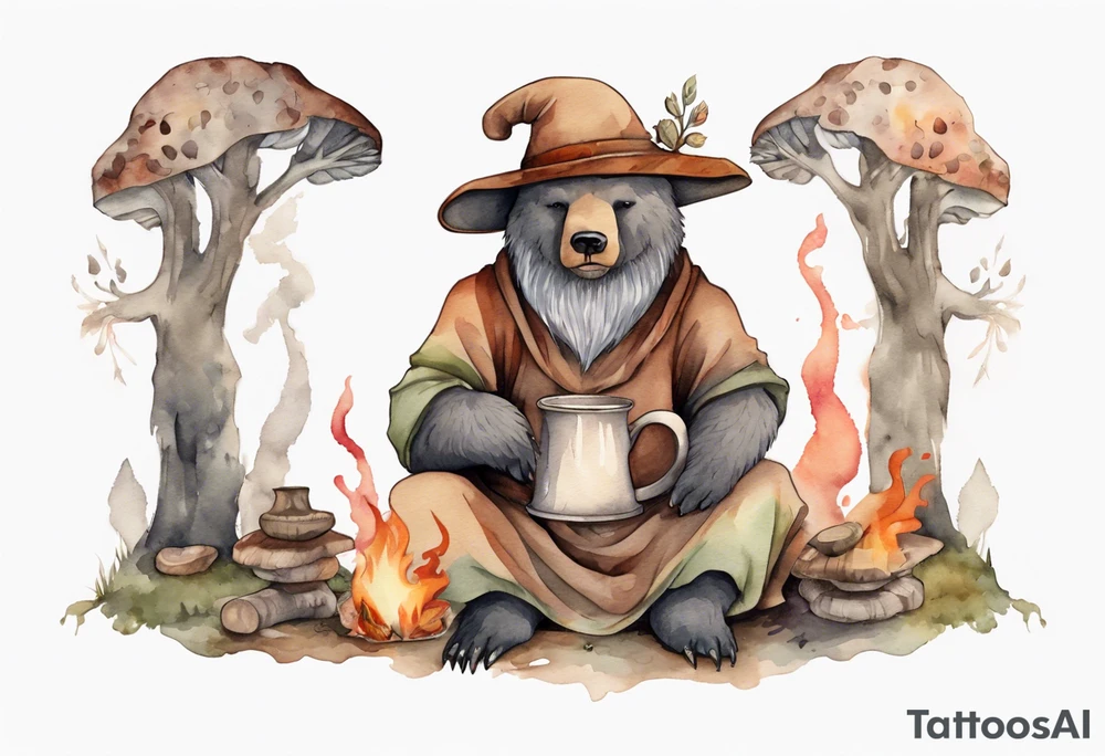 a medieval bear-human hybrid with a long grey beard wearing a tunic and a floppy mushroom hat sitting by a fire drinking from a wood cup tattoo idea