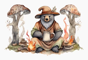 a medieval bear-human hybrid with a long grey beard wearing a tunic and a floppy mushroom hat sitting by a fire drinking from a wood cup tattoo idea