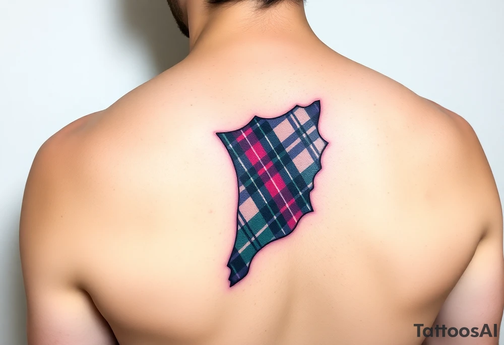 Side of arm Dark Purple with green pink blue and white highlights tartan fabric with flesh peeling away at edges tattoo idea