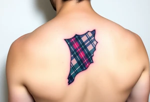 Side of arm Dark Purple with green pink blue and white highlights tartan fabric with flesh peeling away at edges tattoo idea