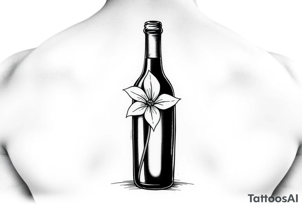 a wine bottle with an Edelweiss flower coming out from the bottle tattoo idea