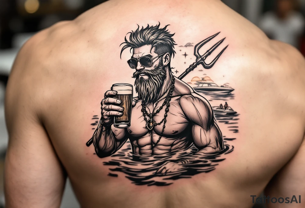 young, happy, fit, short hair, poseidon in calm water, holding a trident, drinking a beer, with sunset, with ski boat, with sunglasses tattoo idea