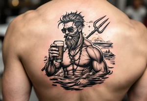 young, happy, fit, short hair, poseidon in calm water, holding a trident, drinking a beer, with sunset, with ski boat, with sunglasses tattoo idea