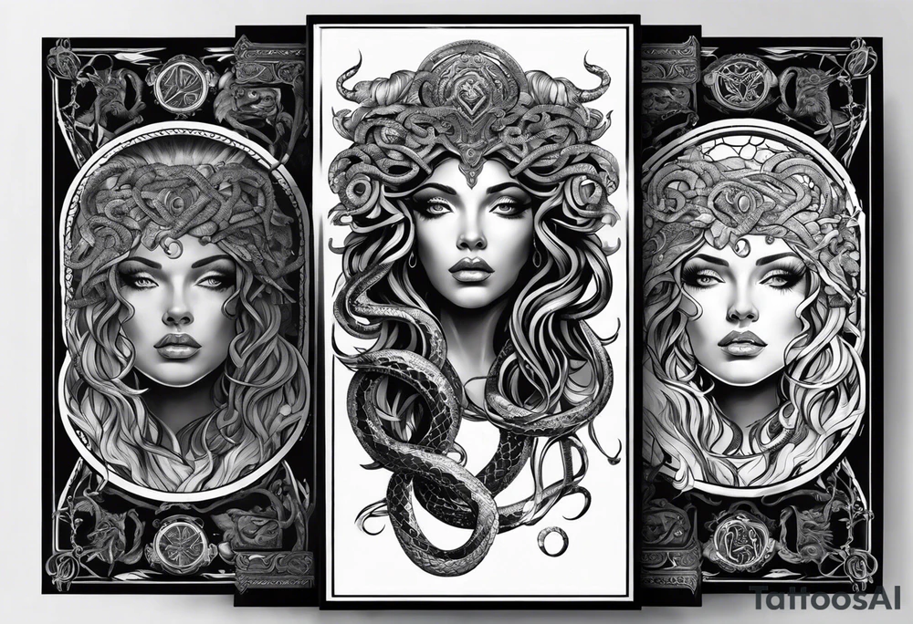 Medusa, before and after she had snakes for hair in the form of tarot cards tattoo idea