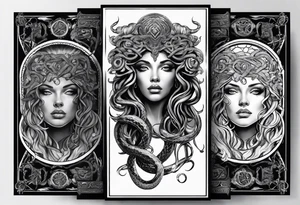 Medusa, before and after she had snakes for hair in the form of tarot cards tattoo idea