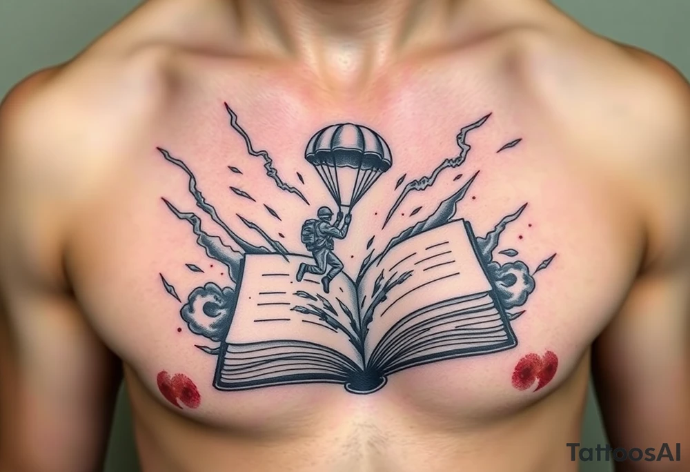 A parachuting soldier landing into an open book. Chaos surrounding, but the book is protecting the soldier from it. On the chest. Make the tattoo smaller. Make it thought provoking. Make the chaos in the environment be a thunderstorm. Make the pages in the book be blank and the book be decorated tattoo idea