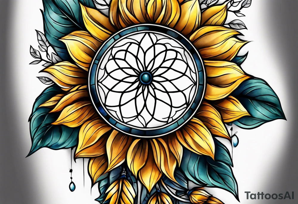 Dreamcatcher and sunflowers forearm sleeve tattoo idea