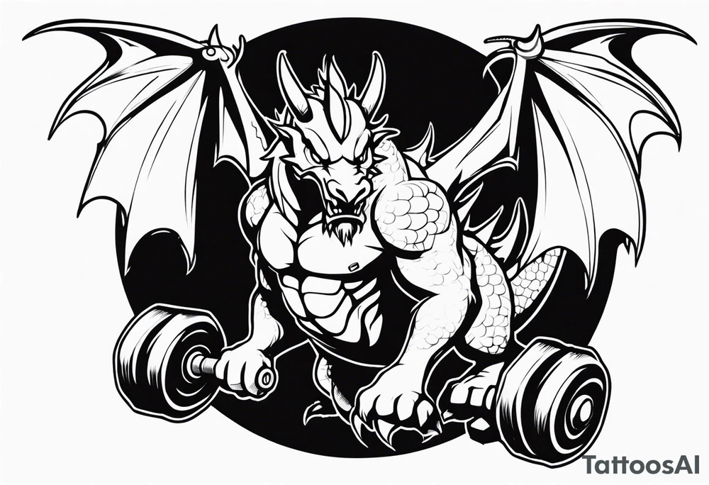 Dragon biting a dumbbell tattoo idea