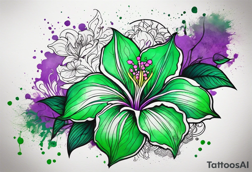 A mystical outline of a green with a bit of purple rio dipladenia flower and a green and purple watercolor splash in the background tattoo idea